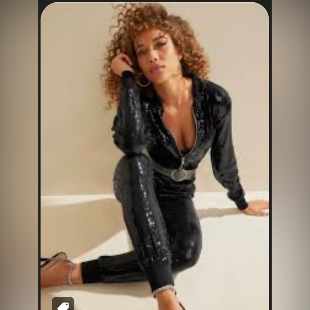NWOT Venus Black Sequin Jogger Jumpsuit - Size XS